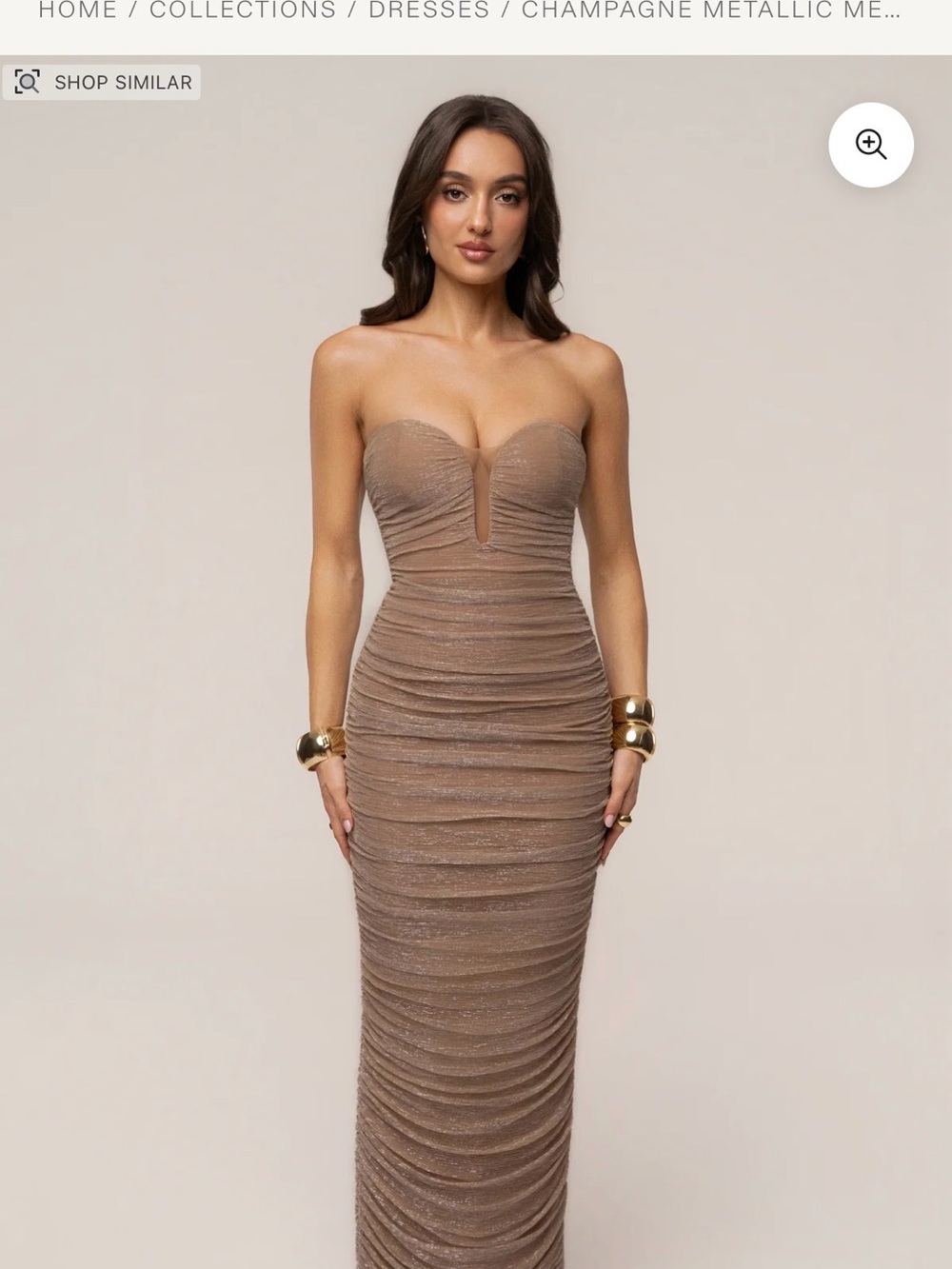JLUXLABEL Strapless Metallic Champagne Ruched Gown